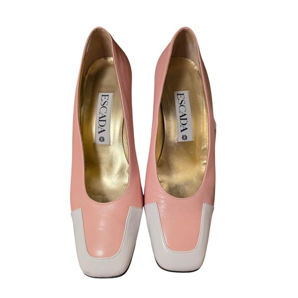 Escada Shoes - Escada Pink and White Leather Block Heel Pumps